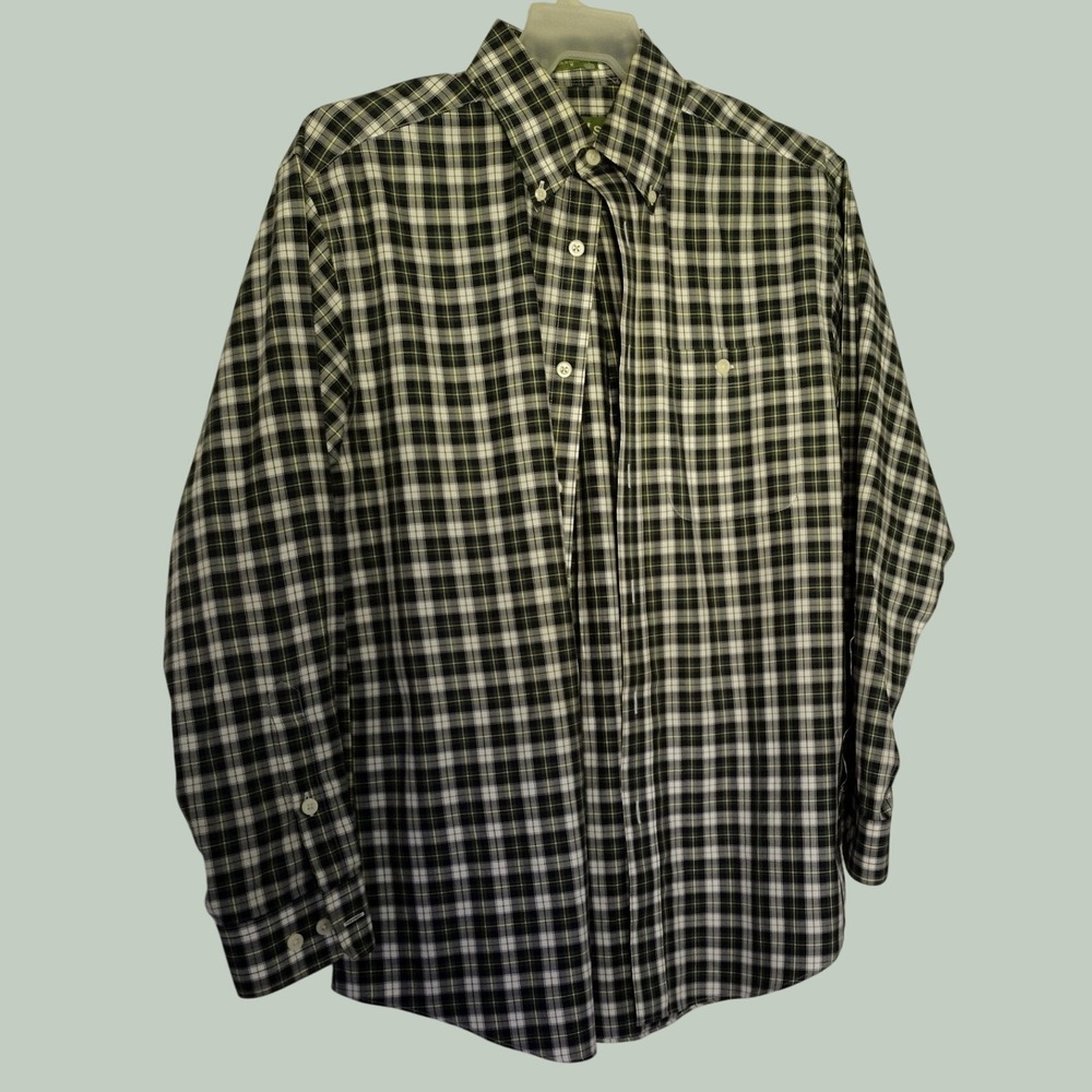 Orvis Men's Oxford Shirt Medium Green White Plaid Long Sleeve Button Up